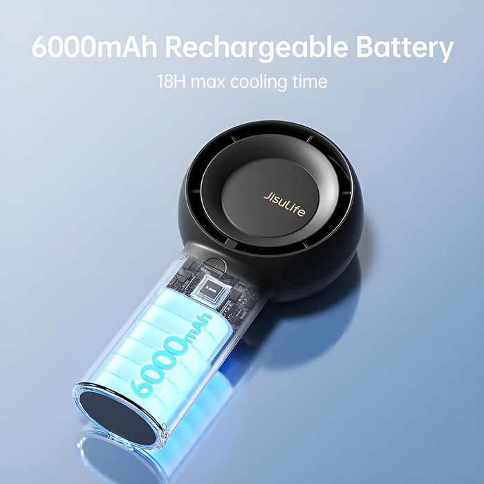 JisuLife Handheld Fan Life5 Plus with 6000mAh rechargeable battery with cooling time on a light blue background