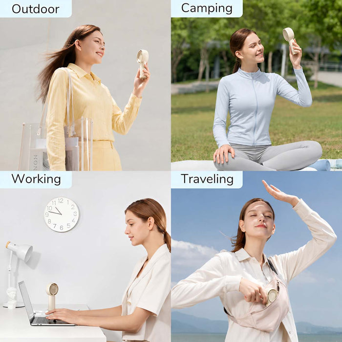 A four-panel lifestyle collage showing a woman outdoors and indoors using a JisuLife Handheld Fan Life5 Plus in different scenarios: labeled 'Outdoor', 'Camping', 'Working', and 'Traveling'.