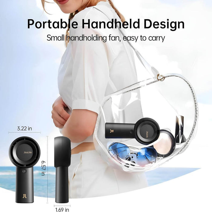 JisuLife Handheld Fan Life5 Plus with measurements and text about portable design