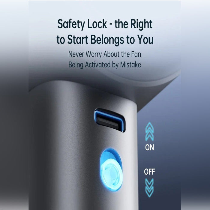 Close-up of a JisuLife Handheld Fan Pro1 with a USB-C port and a glowing blue power button, overlaid with marketing text about safety lock and on/off controls.