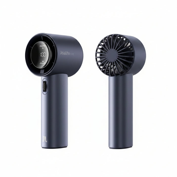 Two views of a JisuLife portable handheld fan , showing the front with its digital display and the back with its fan blades, on a solid white background.
