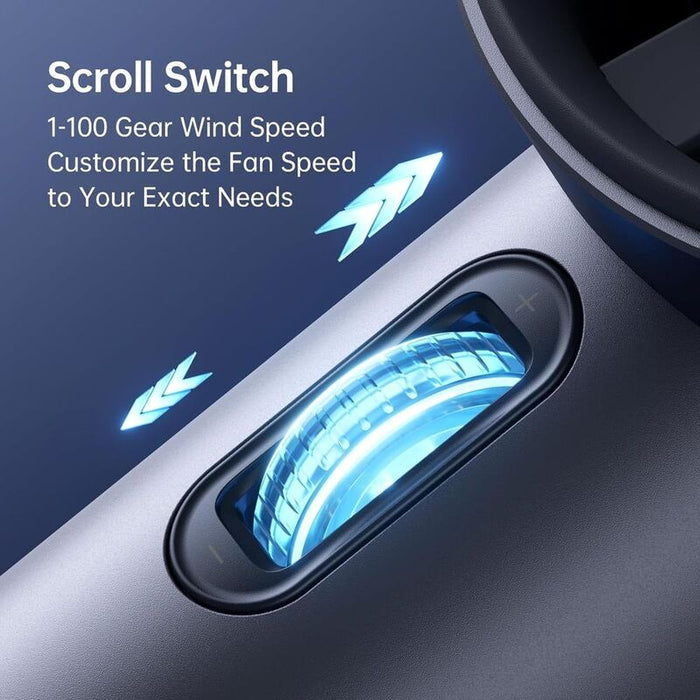 Scroll switch for customizable JisuLife Handheld Fan Pro1 speed on a device with blue glowing element.