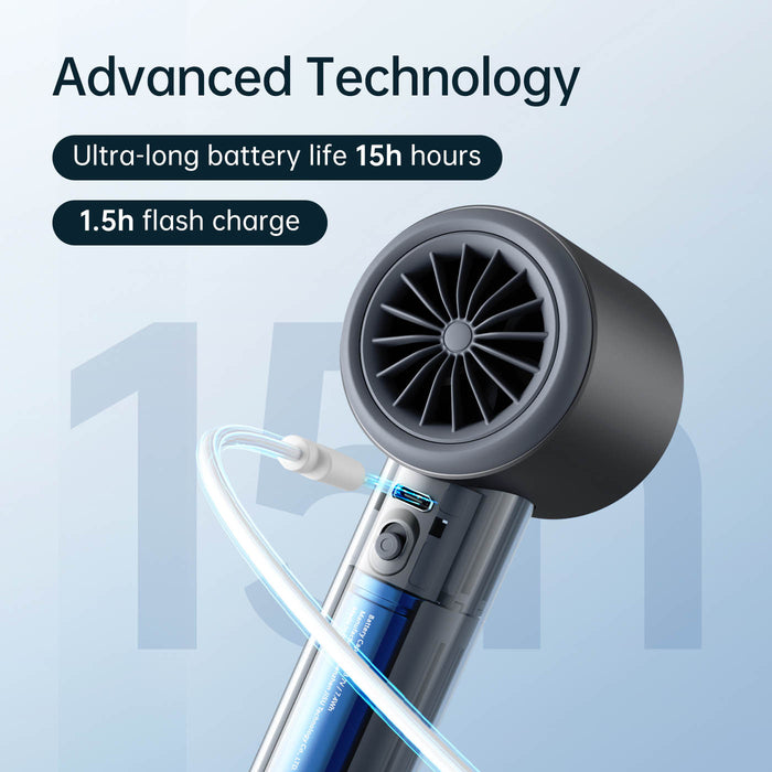 JisuLife Handheld Fan Pro1 S with text highlighting advanced technology features on a light blue background