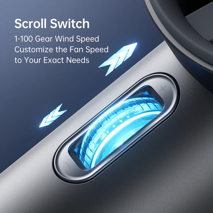 Scroll switch for customizable fan speed on a JisuLife Handheld Fan Pro1 S with blue glowing indicator.