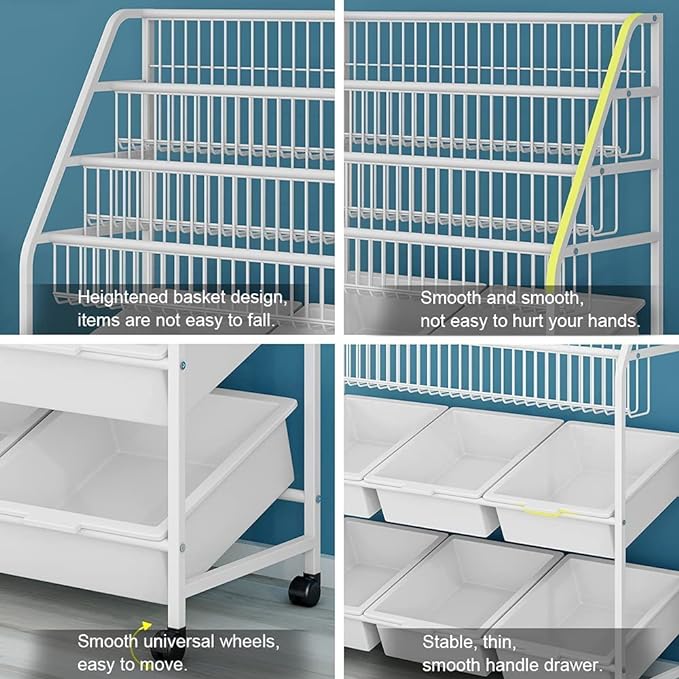 Kids Bookshelf and Toy Storage Organizer Rack, Display Shelf with 6 Storage Bins and Wheels