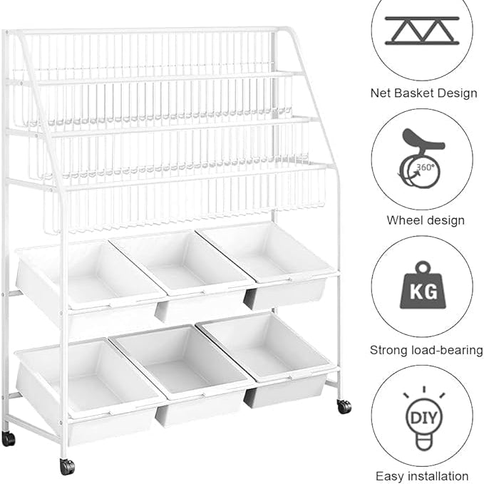 Kids Bookshelf and Toy Storage Organizer Rack, Display Shelf with 6 Storage Bins and Wheels