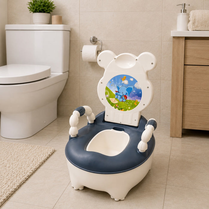 Children's potty chair with cartoon design in a bathroom setting
