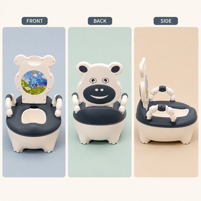 Children's potty chair shown from front, back, and side views.