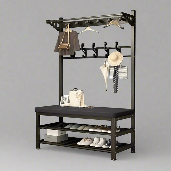 Large Coat Stand Hanger with Shoe Rack Bench Having Shoes and Dresses Are Organized.