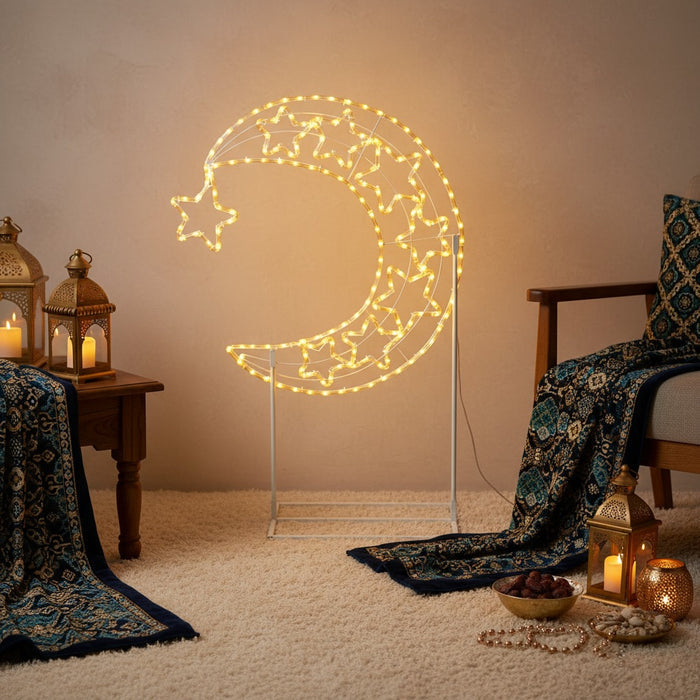 LED Moon & Star Floor Standing Light are Placed in a Living Area with a Ramadan Ambience.