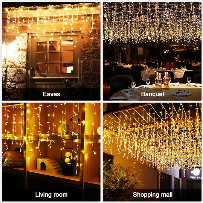 LED String Warm Light with 8 Lighting Modes - Fairy Waterfall Light for Parties, Indoor and Outdoor Decor, Festivities