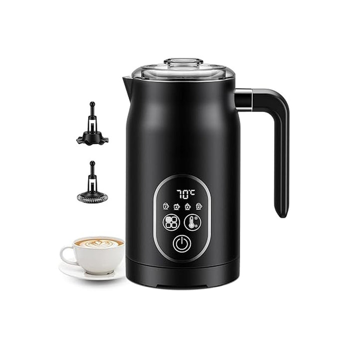 Black LEPRESSO Four Froth Milk Frother with a sleek matte finish and digital touch controls. A small cup of latte art coffee is placed near the product