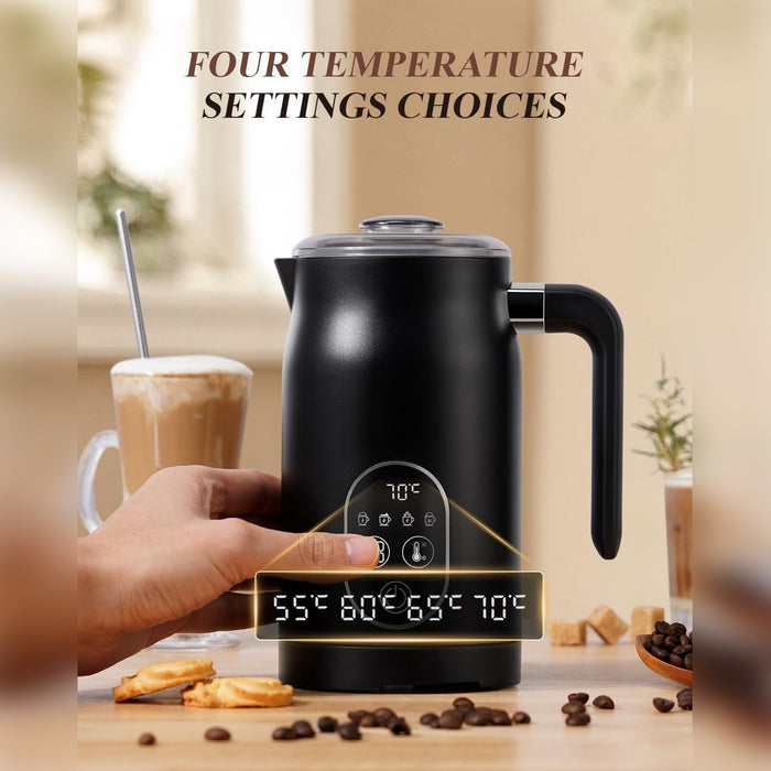 Black LEPRESSO Four Froth Milk Frother with adjustable temperature control settings, placed on a wooden countertop in a warm café-style environment