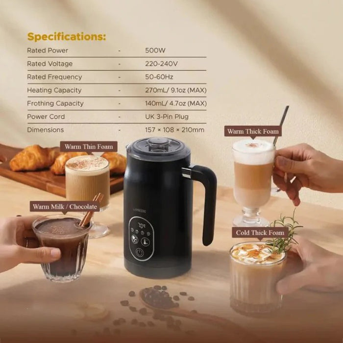 A LEPRESSO Four Froth Milk Frother is displayed at the center of a cozy café-style setup, surrounded by cappuccino, latte, hot chocolate, and other prepared drinks, highlighting its multifunctional frothing and heating features