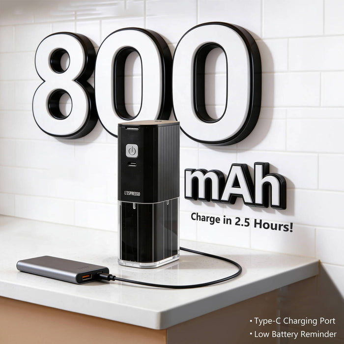 A portable Lepresso JetGrind Rechargeable Coffee Grinder with a built-in power bank placed on a table, featuring an 800mAh rechargeable battery and Type-C charging support.