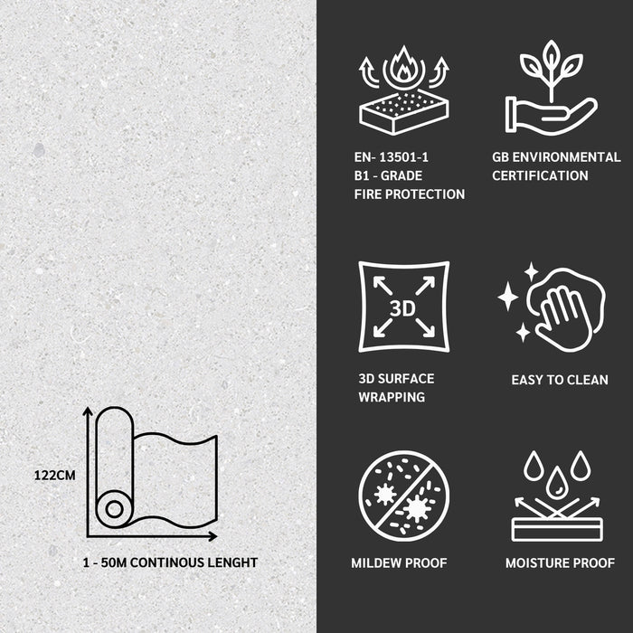 Product features with icons and text on a grey and black background