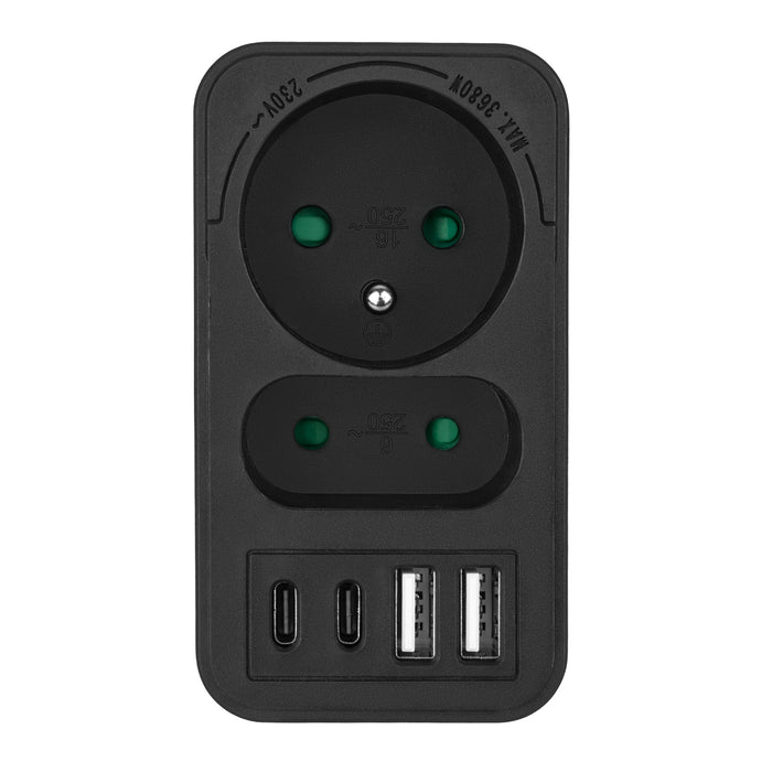 Maclean current socket x2 + 4xUSB, splitter with 2 sockets, 2xUSB A, 2xUSB C PD 20W, 1x16A + 1x6A, MCE249 F/B