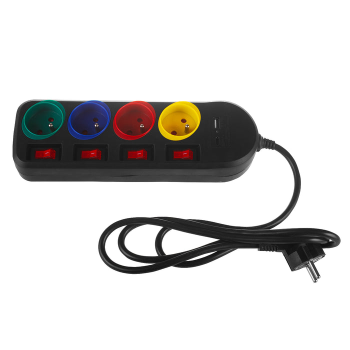 Maclean power strip, 4-socket extension cable + USB A / C, with switches, 250VAC/10A, 1.5m, black, MCE508 B