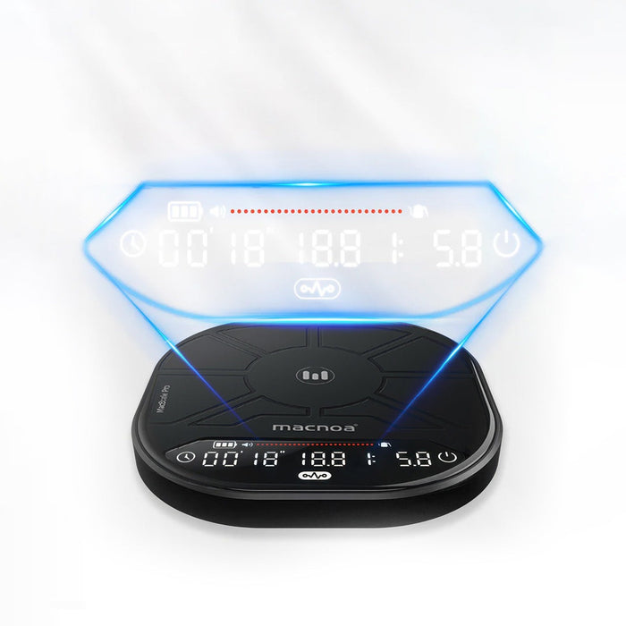 A Macnoa MacScale Pro Smart Coffee Scale with a glowing blue projected display above it, shown on a clean white background. The device is branded with the MACNOA logo.