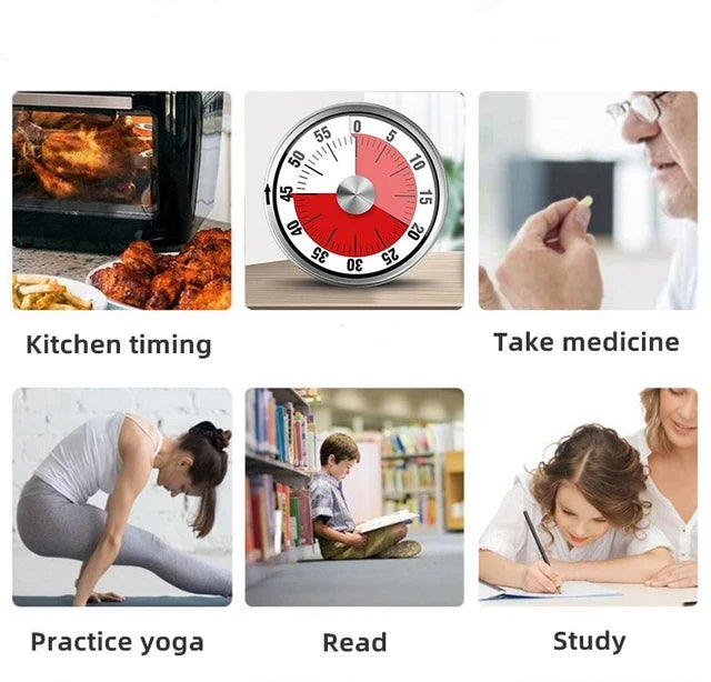 A collage of images of people doing different things with the help of magnetic mechanical 60-minute timer