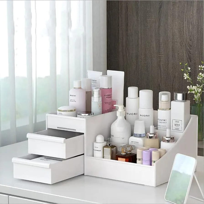 Makeup Desk Organizer with Organized Cosmetics.
