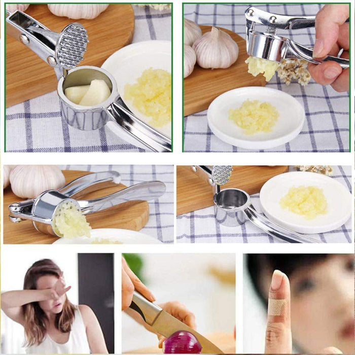 A Person is Demonstrating the Multi Uses Of Manual Lemon Squeezer & Stainless Steel Ginger Garlic Press.