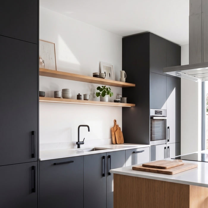 Modern kitchen cabinetry with meteorite grey textured vinyl wrapped cabinets, light wood floating shelves, a white countertop, and a wood-look island base.