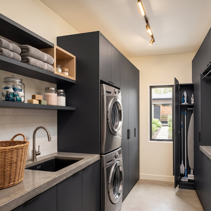 A modern laundry room featuring a stacked stainless steel washer and dryer in tall dark grey vinyl wrapped cabinets, open shelves with folded towels and jars, a sink with a curved faucet, and a basket on the counter. An open side cabinet reveals hanging cleaning supplies, and a window looks out onto a backyard.