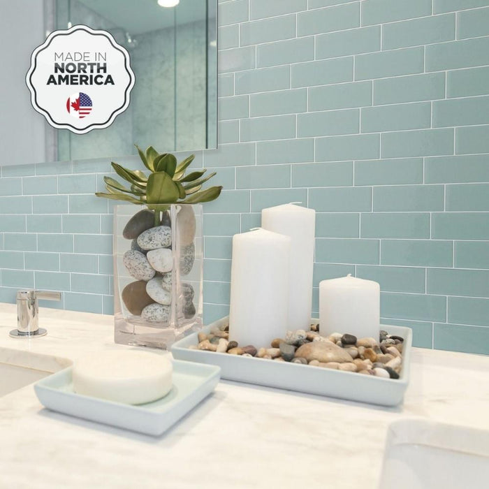 Grey green self-adhesive 3D subway tile above vanity