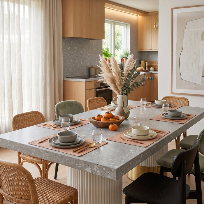 Warm kitchen table setting with vinyl wrapped table top in milano stone terrazzo mid grey design from TGA