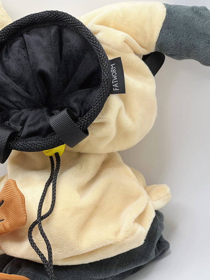 A soft and fluffy Mimikyu plush bouldering chalk bag by Fatworm. This cute yet functional climbing gear features a long-durable wide-base design, making it the perfect climbing gift for climbers who love unique, handmade accessories.