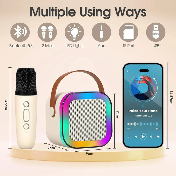 Size Of Mini Bluetooth Speaker With Wireless Karaoke Microphone.