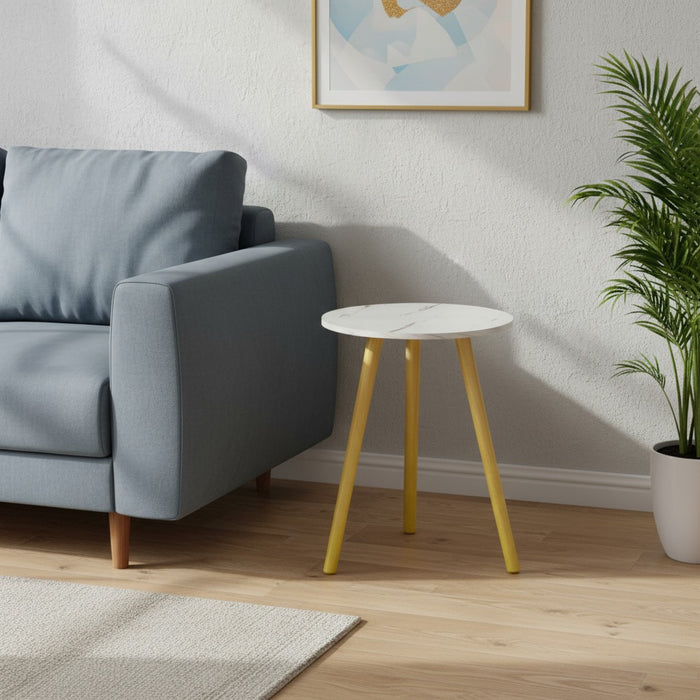 A Modern Round Wooden Side Coffee Table Iis Placed Next to Sofa.