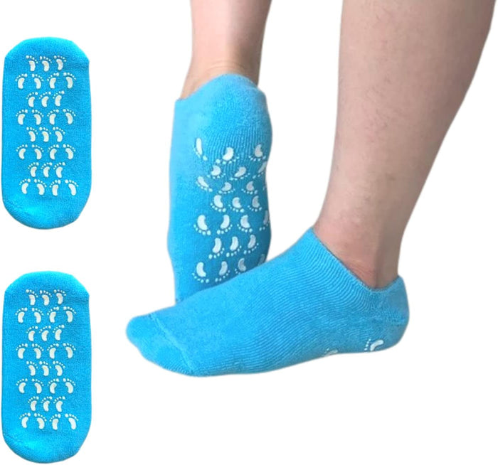 Moisturizing Spa Gel Socks worn by a person, with two additional socks displayed on a white background.