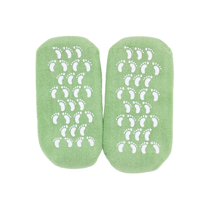 Pair of Moisturizing Spa Gel Socks with white patterns on a white background