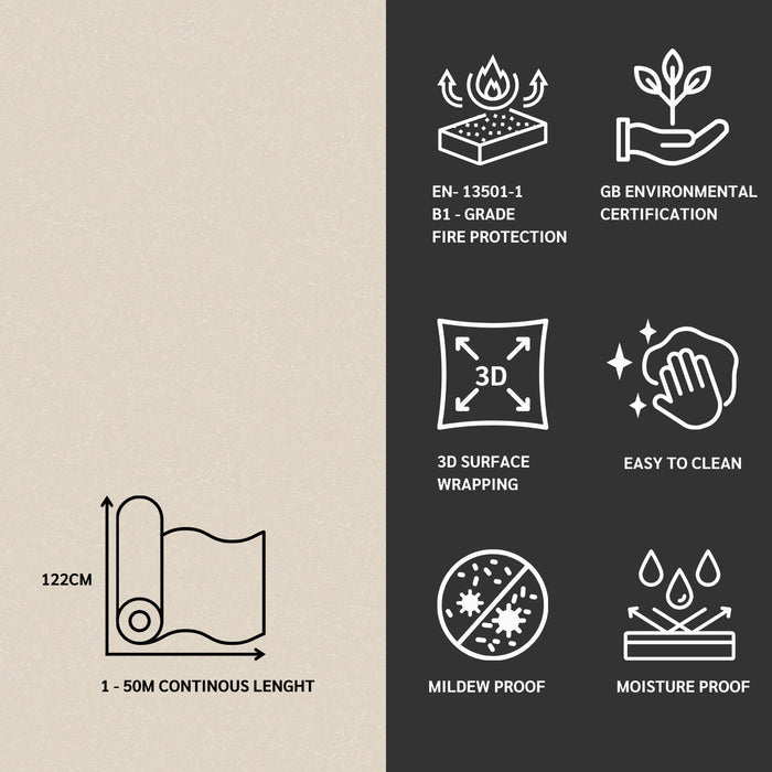 Architectural vinyl features with icons and text on a beige and black background
