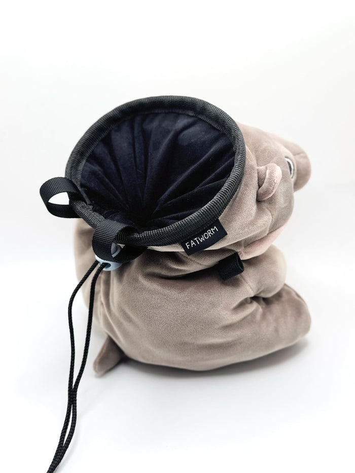 animal Moo Deng Pygmy Hippo Chalk Bag – Handmade plush climbing bag for bouldering and rock climbing by Fatworm Chalk bag. Cute, functional, and unique!