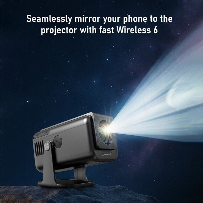 Moxedo Astra Smart Android Projector  emitting light with text overlay on a dark space-themed background
