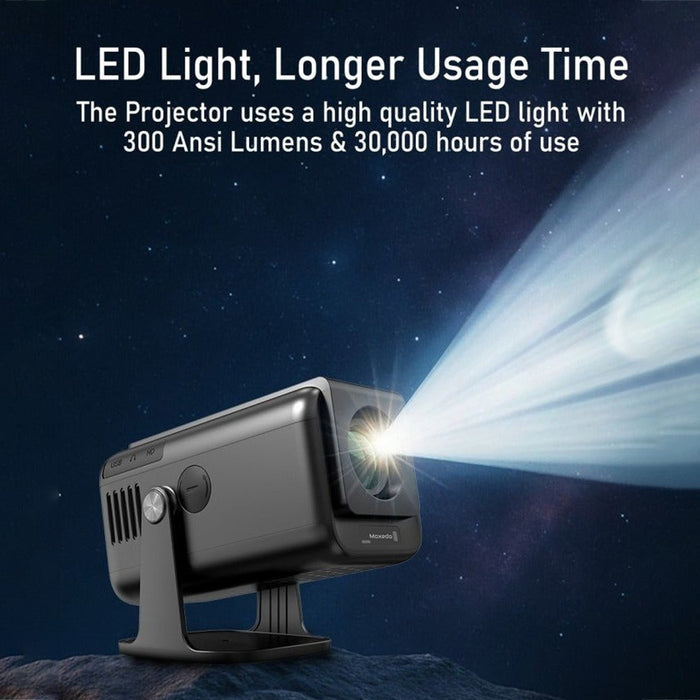 Moxedo Astra Smart Android Projector  with LED light on a dark background, highlighting usage time and lumens.