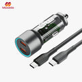 A Moxedo Lite 40W Fast Car Charger  and cable set on a light gray background.