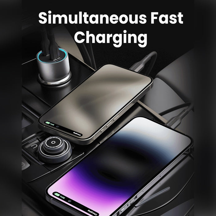 Two smartphones charging simultaneously on a dark car console with a Moxedo Lite 40W Fast Car Charger and a power outlet visible, under the text 'Simultaneous Fast Charging'.