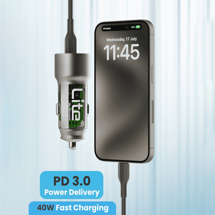 A Moxedo Lite 40W Fast Car Charger  plugged into a smartphone, shown on a light blue background with promotional text overlays.
