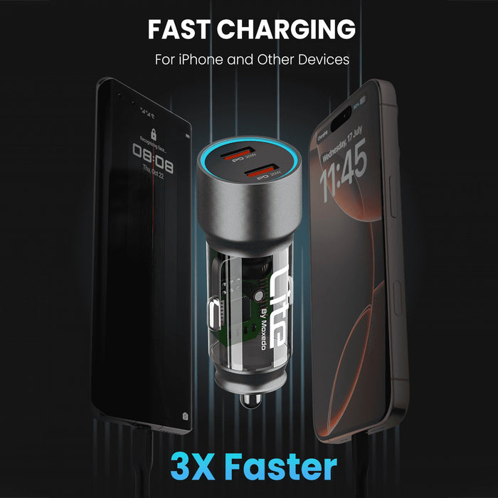 A Moxedo Lite 40W Fast Car Charger with two USB-C ports and one USB-A port, shown charging two smartphones. The product has a metallic silver and black body with a blue LED light ring.