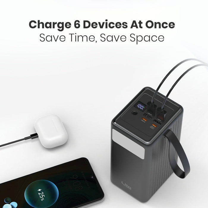 A Moxedo Lite 70,000mAh Mini Power Station charging multiple devices simultaneously, highlighting its high-capacity multi-device charging capability.