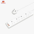 White Moxedo Power Strip Surge Protector with multiple outlets and USB ports on a white background,