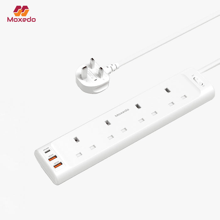 White Moxedo Power Strip Surge Protector with multiple outlets and USB ports on a white background,