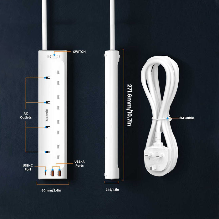 White Moxedo Power Strip Surge Protector with labeled ports and dimensions on a dark background