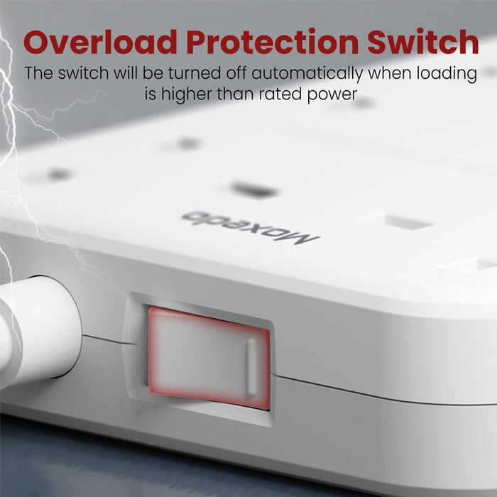 Overload protection switch of Moxedo Power Strip Surge Protector on a gray background