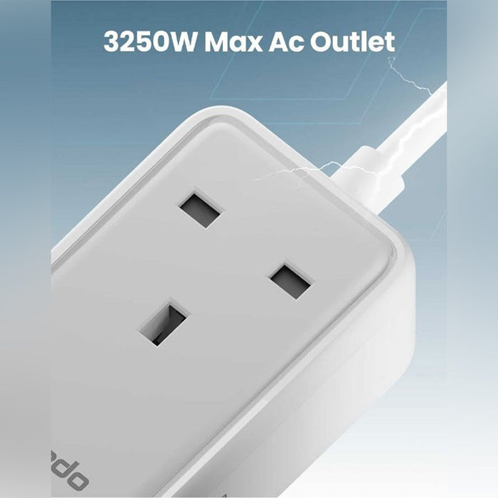 Moxedo Smart-Plug 65W GaN III Tech Extension Cord, labeled '3250W Max Ac Outlet', on a light blue background.