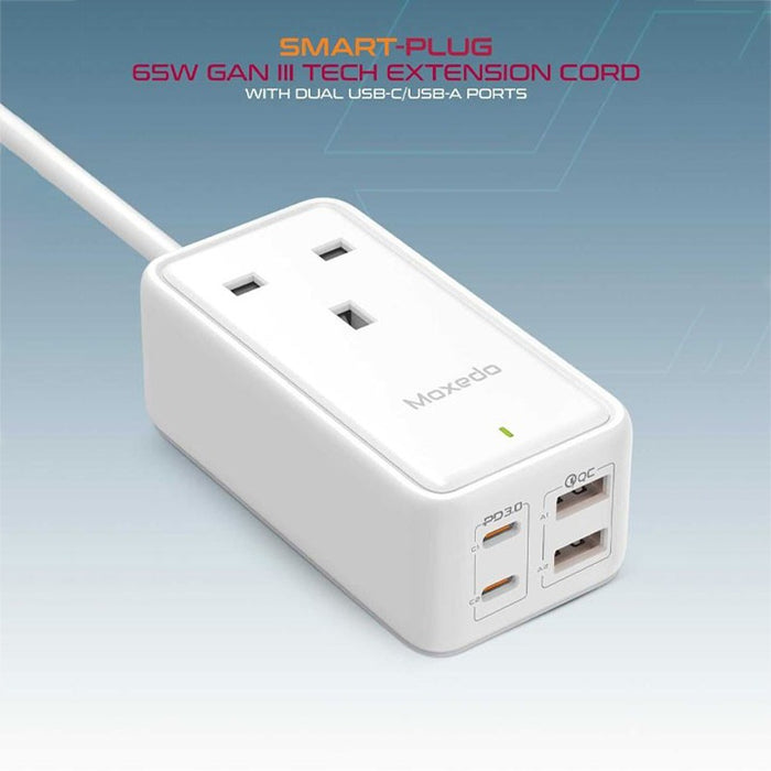 Moxedo Smart-Plug 65W GaN III Tech Extension Cord with USB ports on a gradient blue background